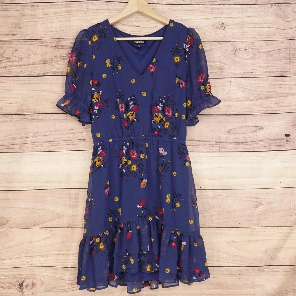 Express Dress Womens S Petite Blue Floral Chiffon Ruffle Fit & Flare Sundress